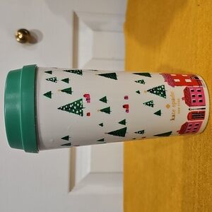 kate spade new york holiday village thermal mug Christmas green red GUC